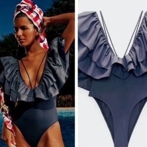 NWT. ZARA Black Ruffle One Piece‎ Deep V Neck Swimsuit Small